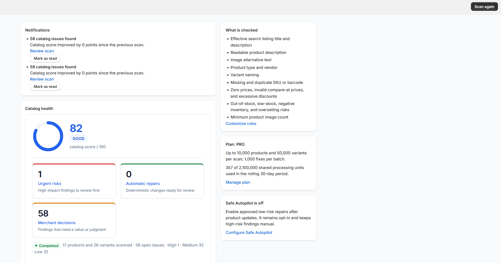 Catalog Guardian dashboard with a catalog score, prioritized findings, and a list of product fields checked by the scan.